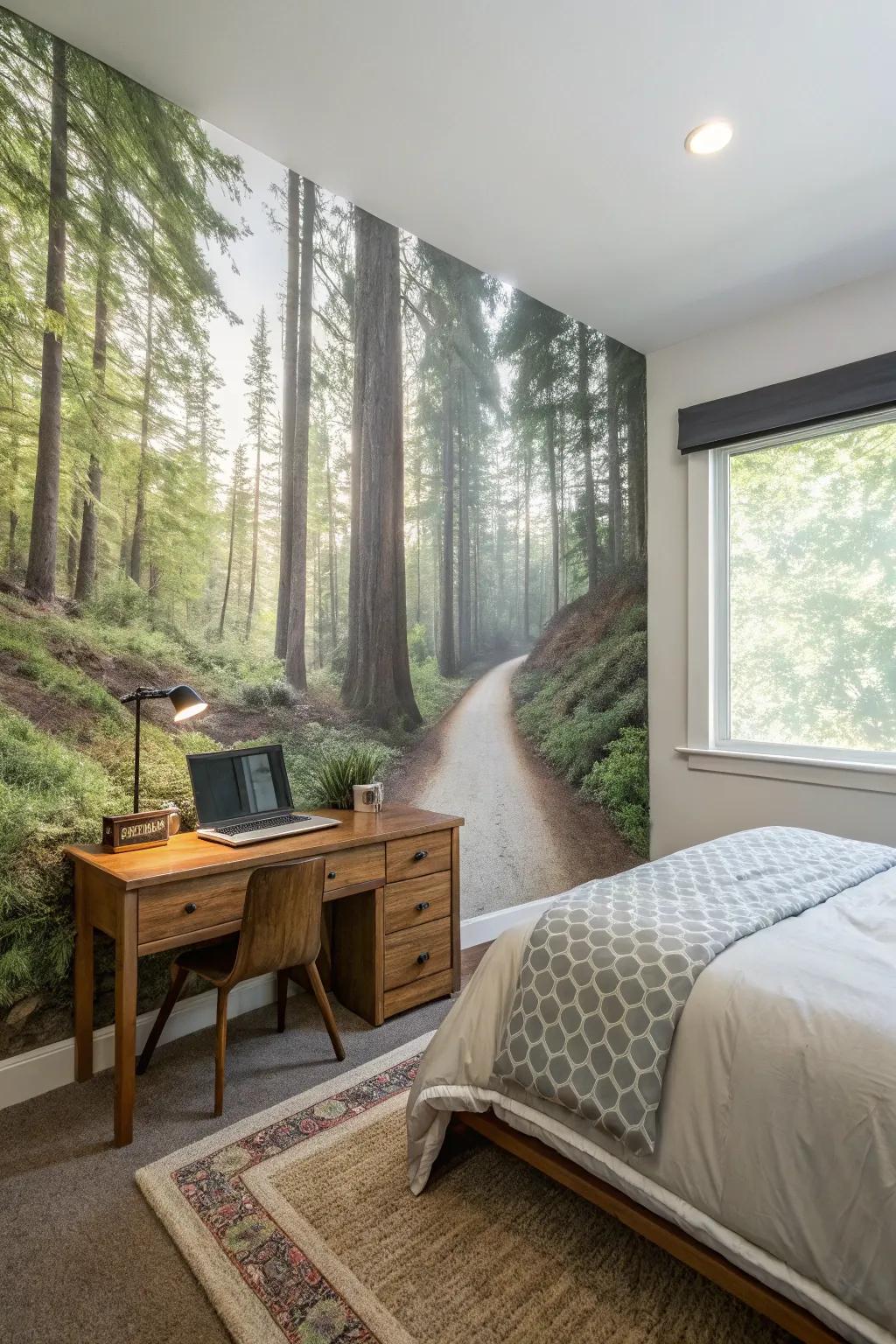A nature mural crafts an absorbing retreat within the bedroom.