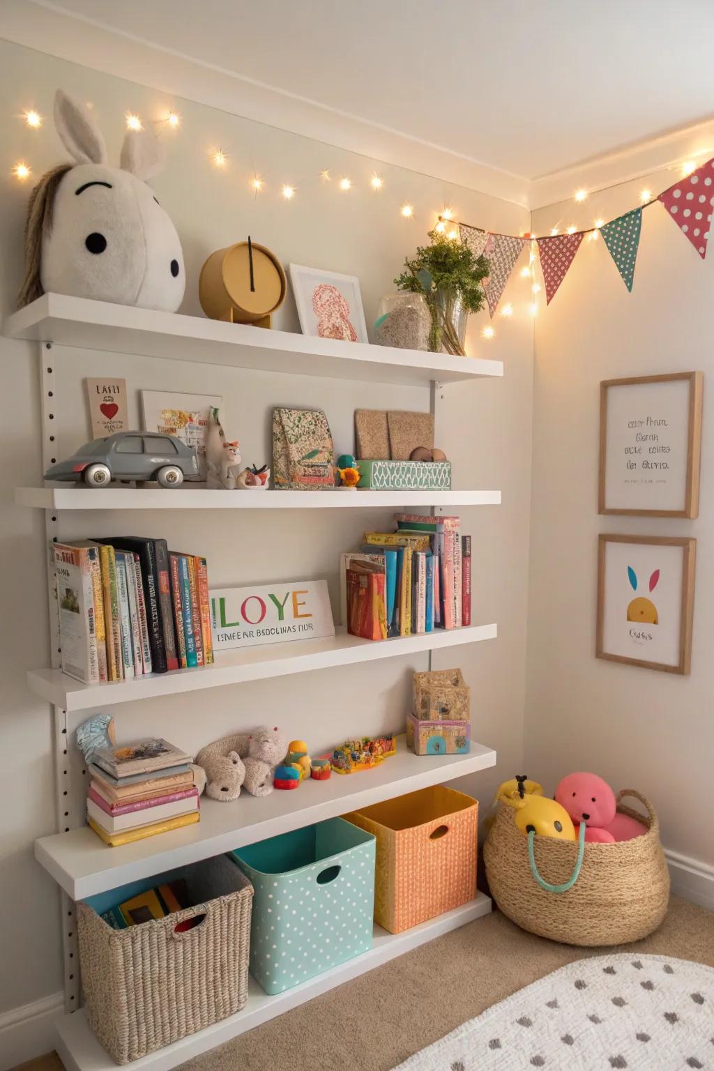 Corner shelves efficiently employ space while incorporating style into the nursery.