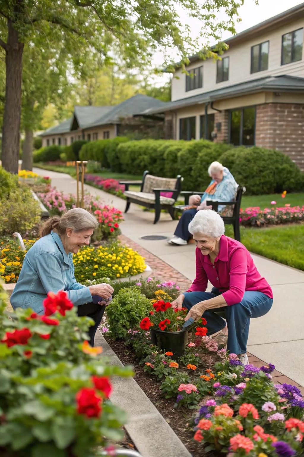 Residents cultivating blossoms that symbolize affection in the garden.