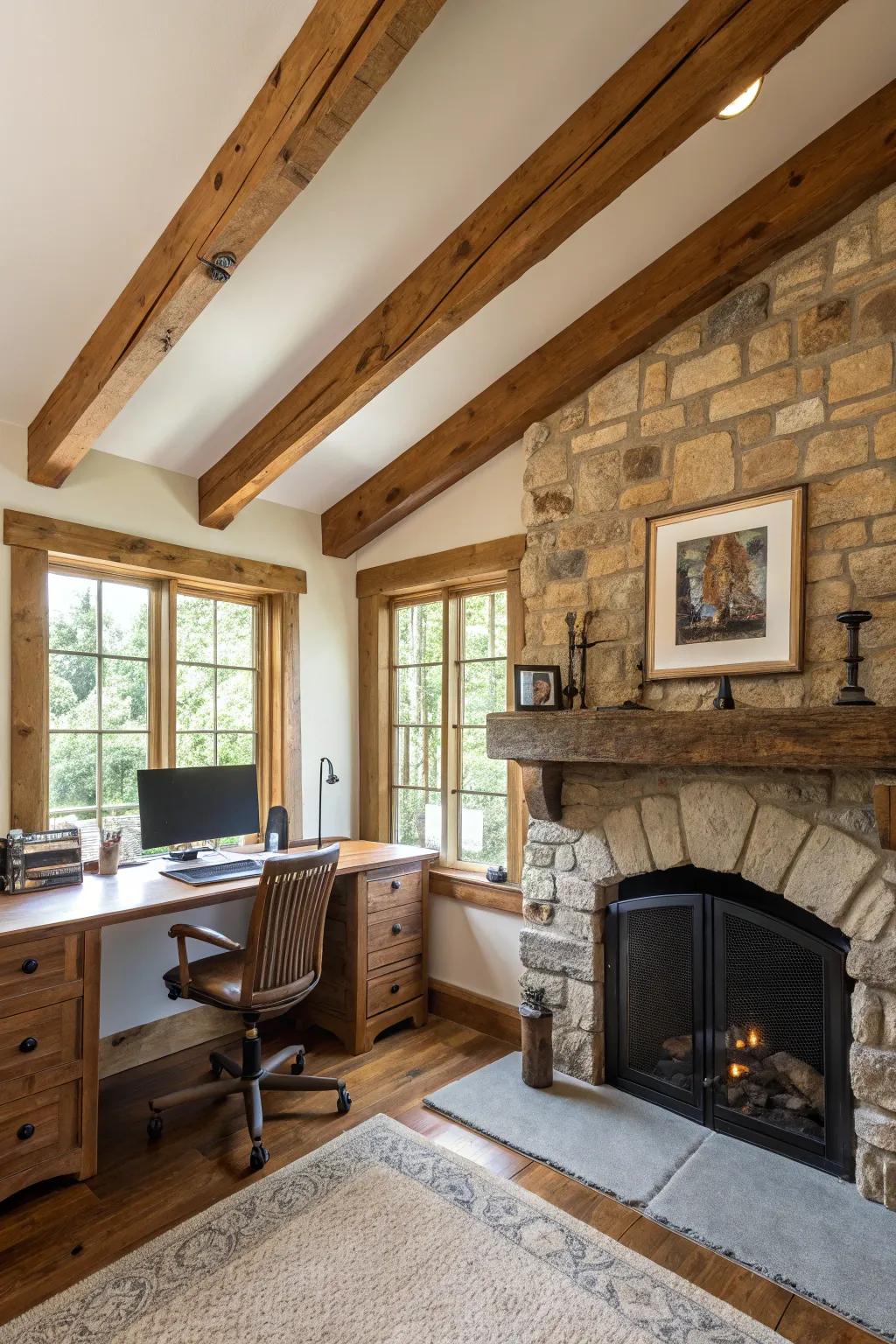 Refined country style with stone and wood elements.
