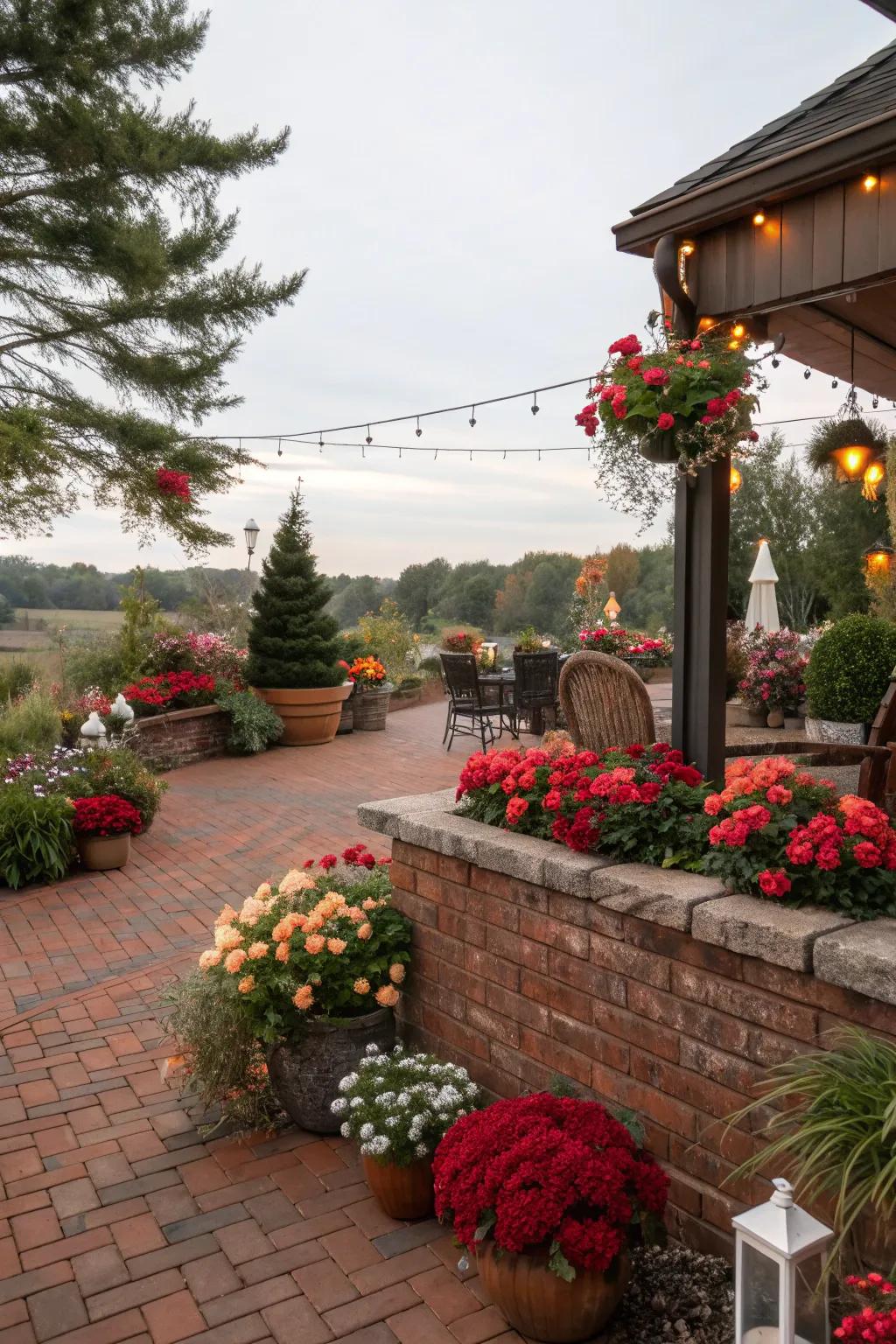 Seasonal plantings keep the patio fresh and inviting