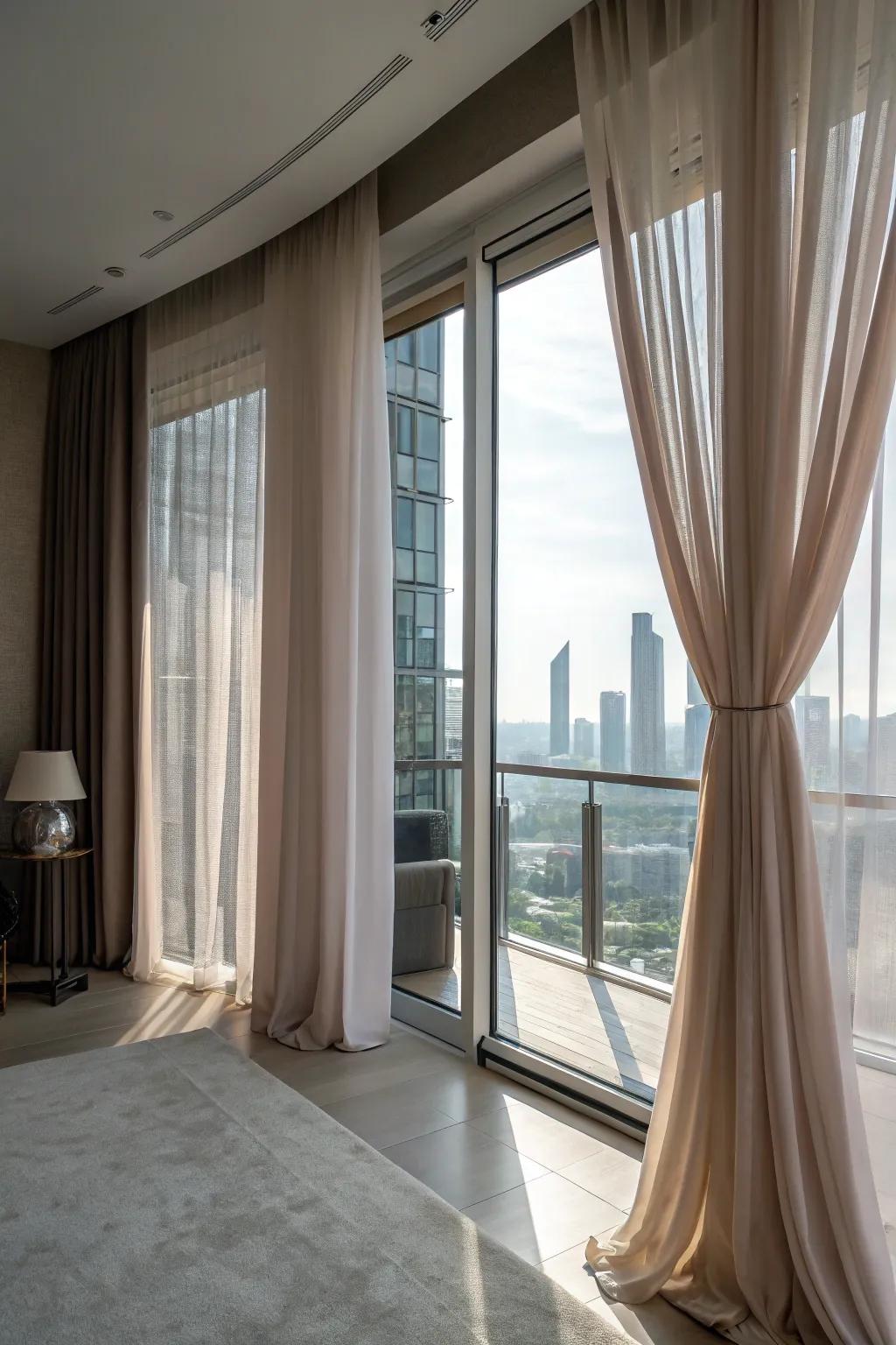 Floor-to-ceiling curtains add height and drama.