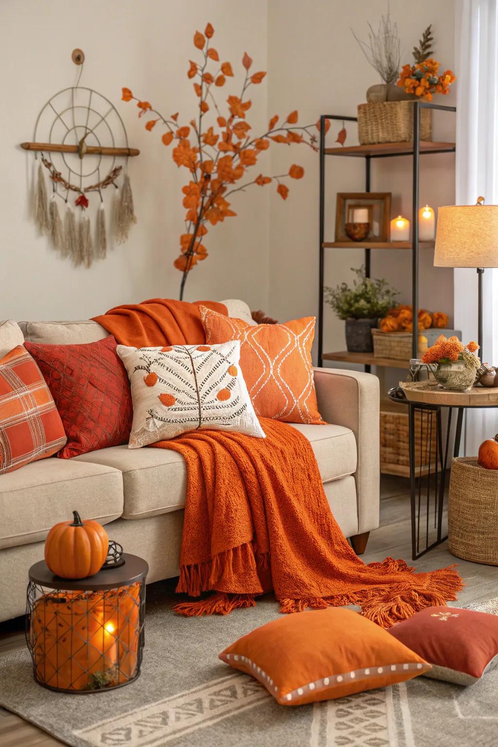 Seasonal orange décor keeps the living room fresh and vibrant all year round.