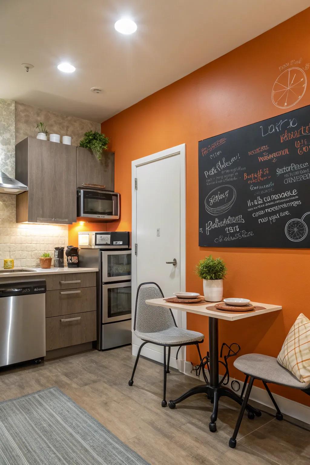 A kitchen blending amusement and function, thanks to its tangerine message board.