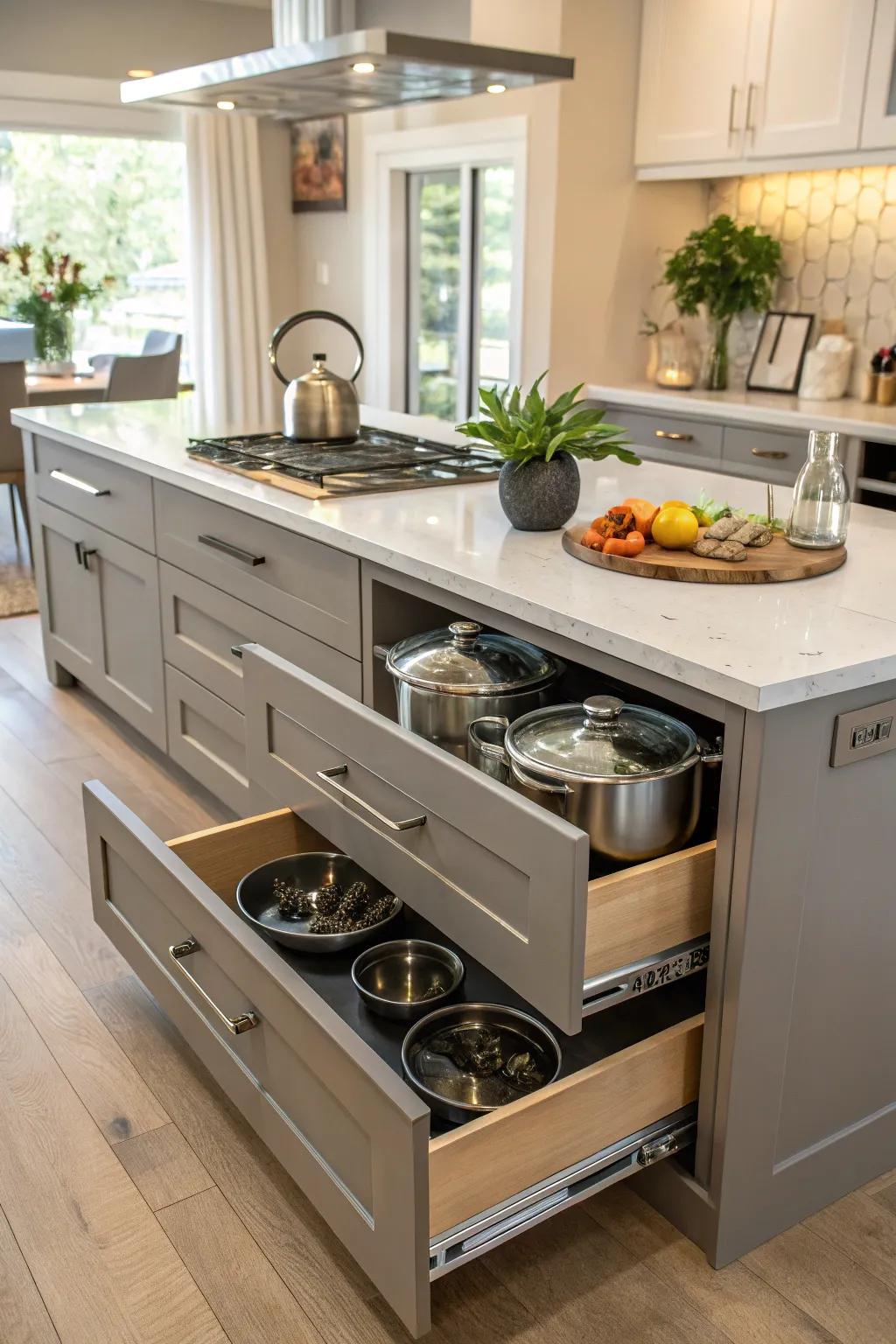 A kitchen island reimagined to include cookware storage.