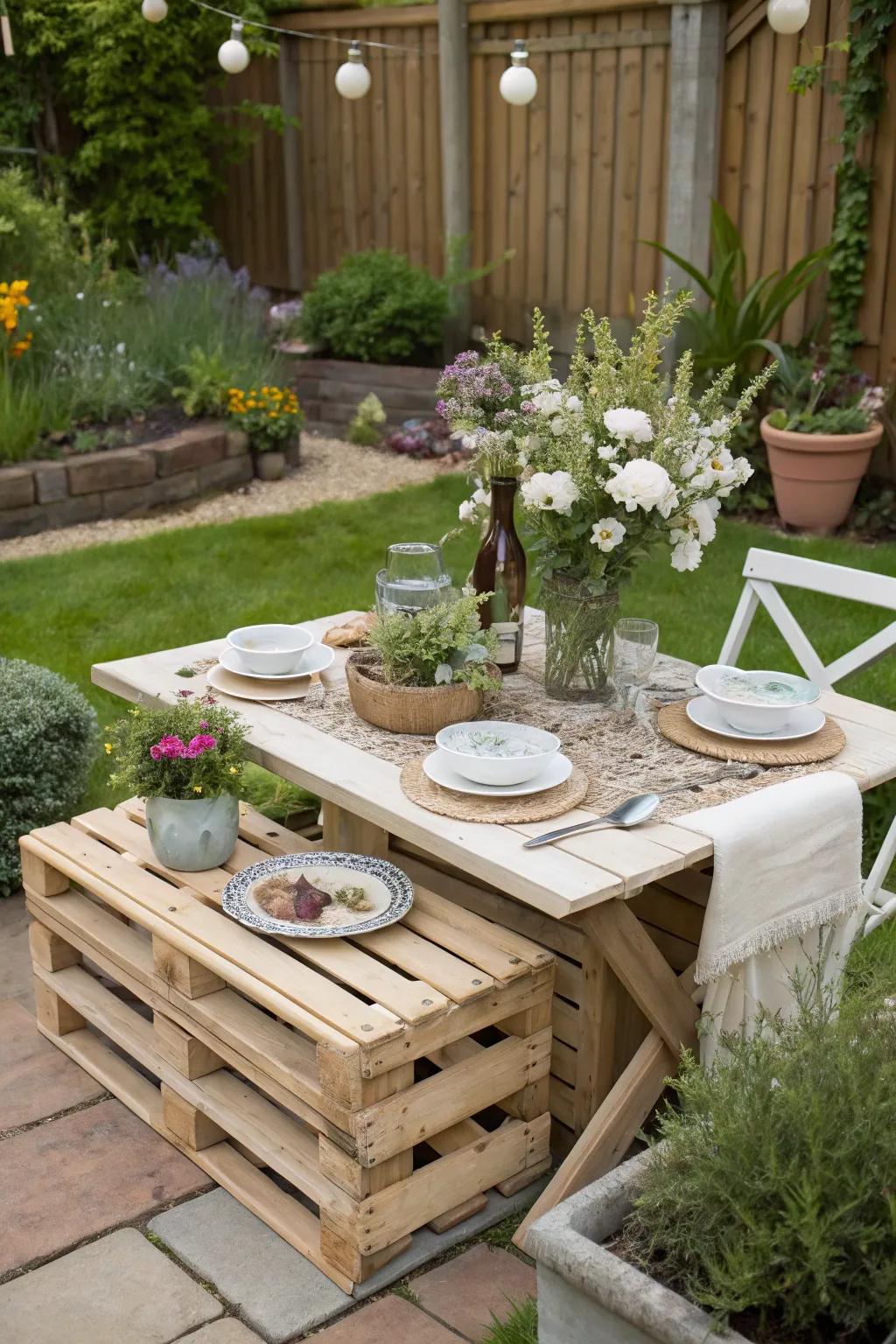 Upcycled pallet table tops merge eco-friendliness with chic design.