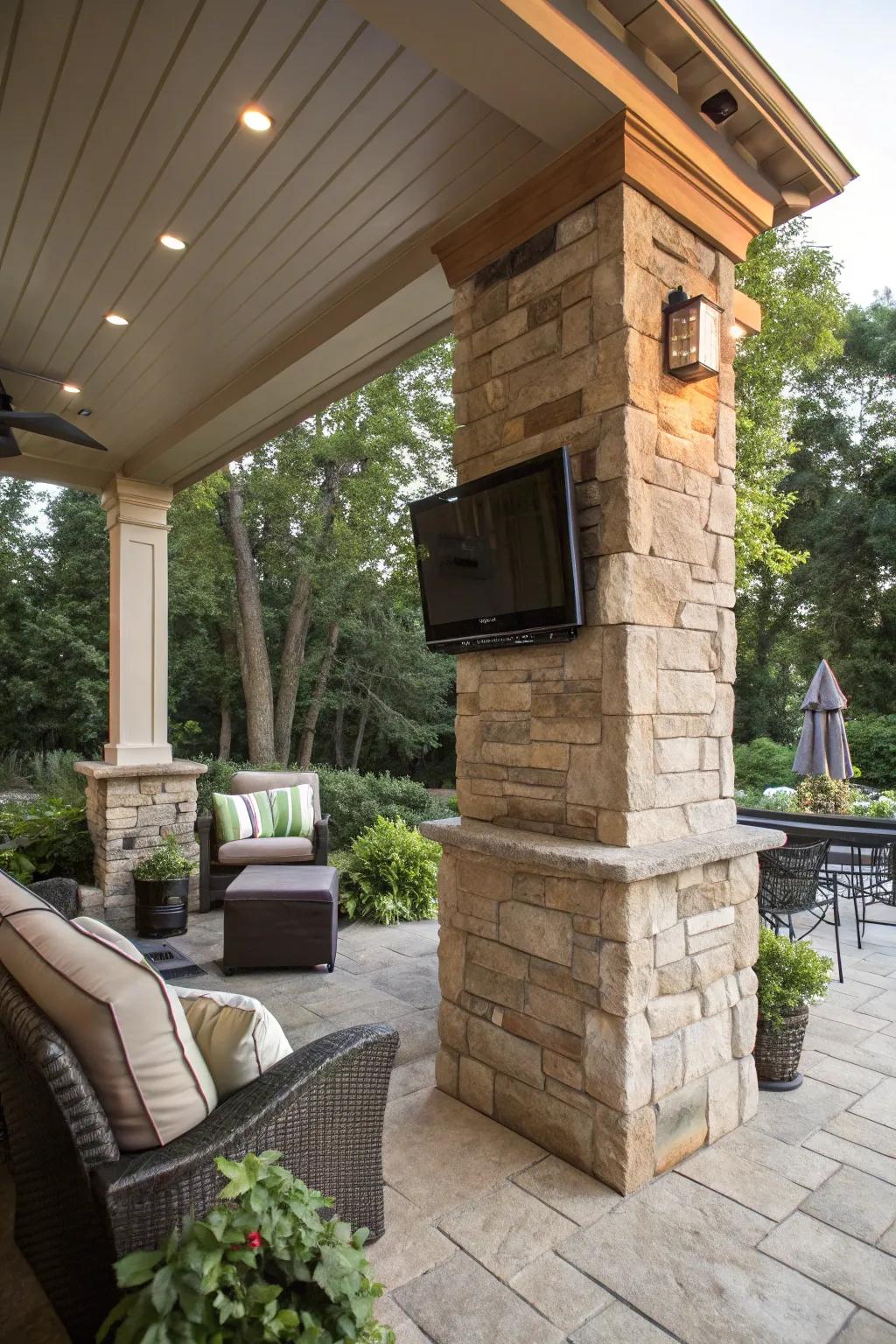 A custom column integrates the TV into the patio's architecture.