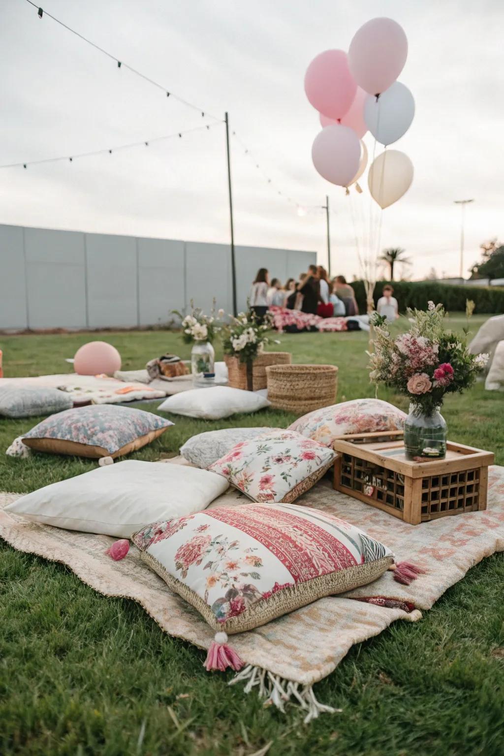 A cozy picnic setup offers relaxation and charm.