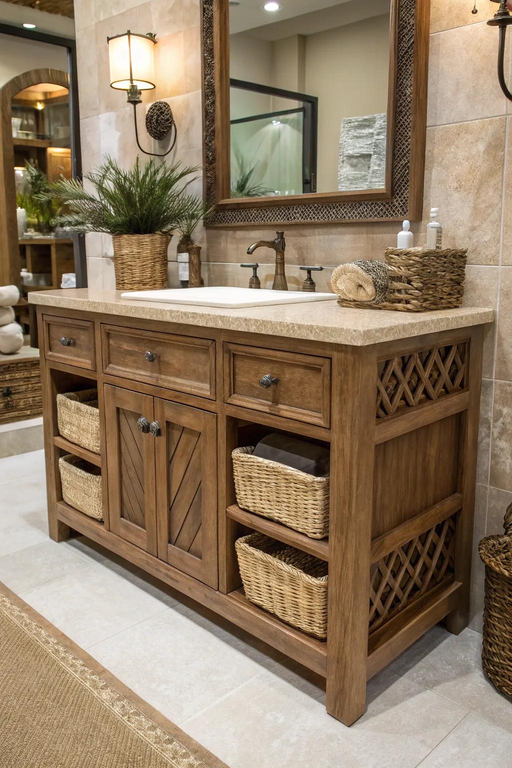 Loam brown vanities offer rustic refinement.
