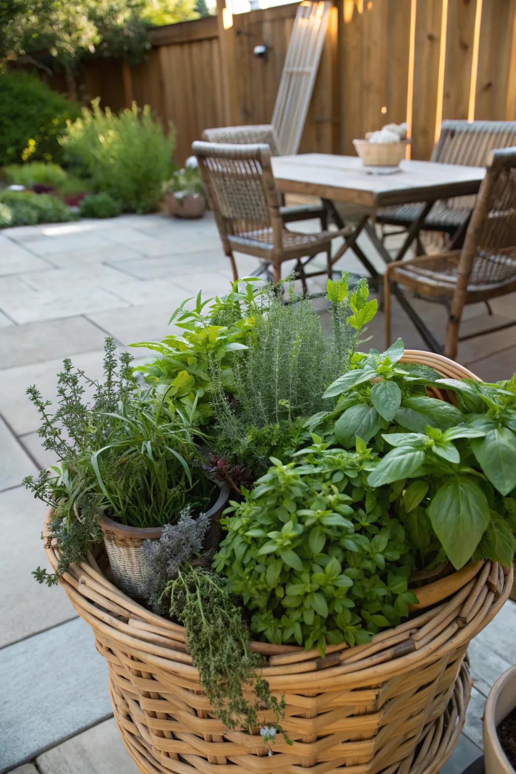 Down-to-earth basket herb bed.