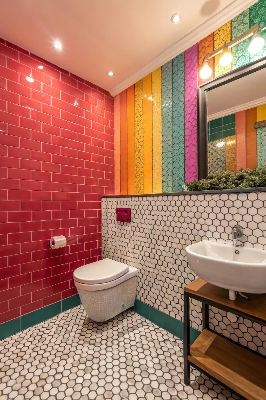 Vibrant and energizing bathroom using bold colors and penny tiles.