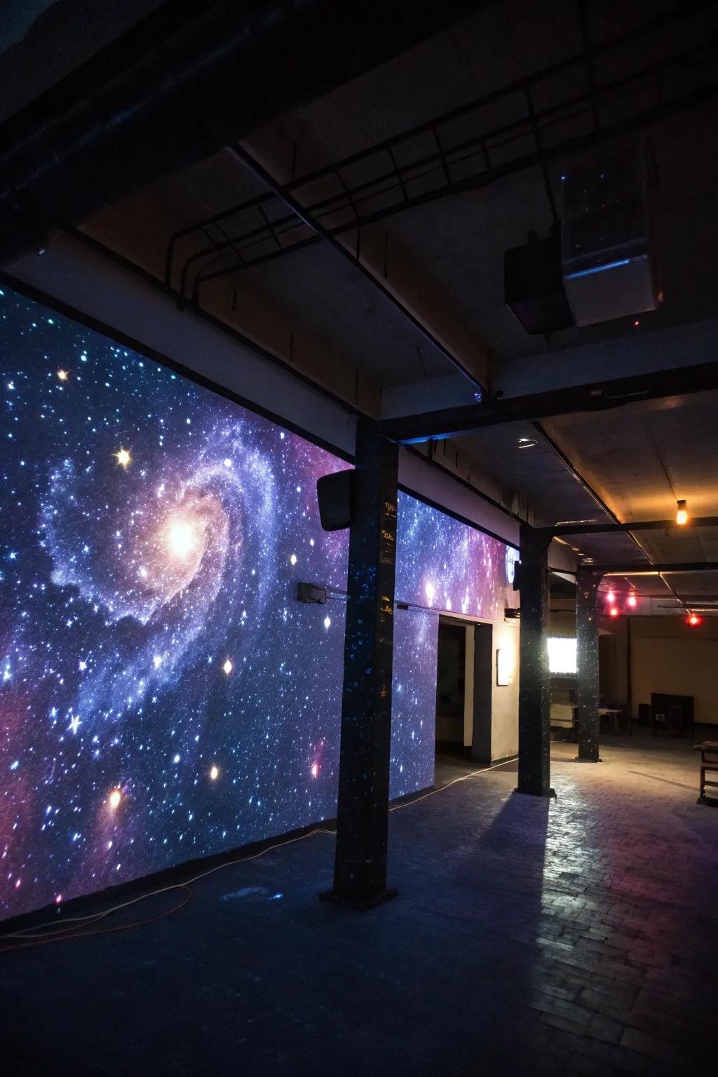 A galaxy-themed backdrop with cosmic projections, crafting a stellar photo op space.