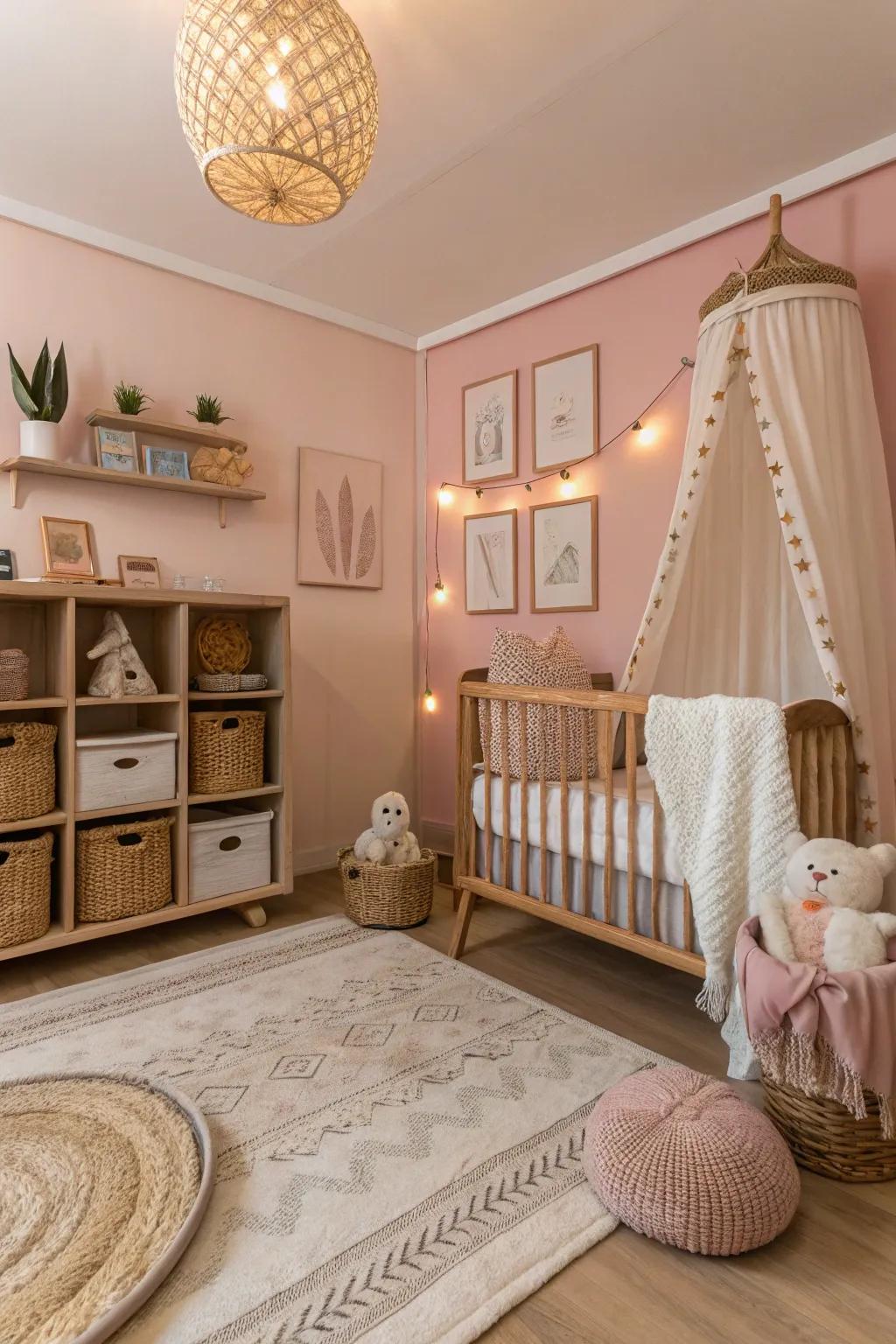 A nursery that intermixes rose with earthen tinges for a nurturing impression.