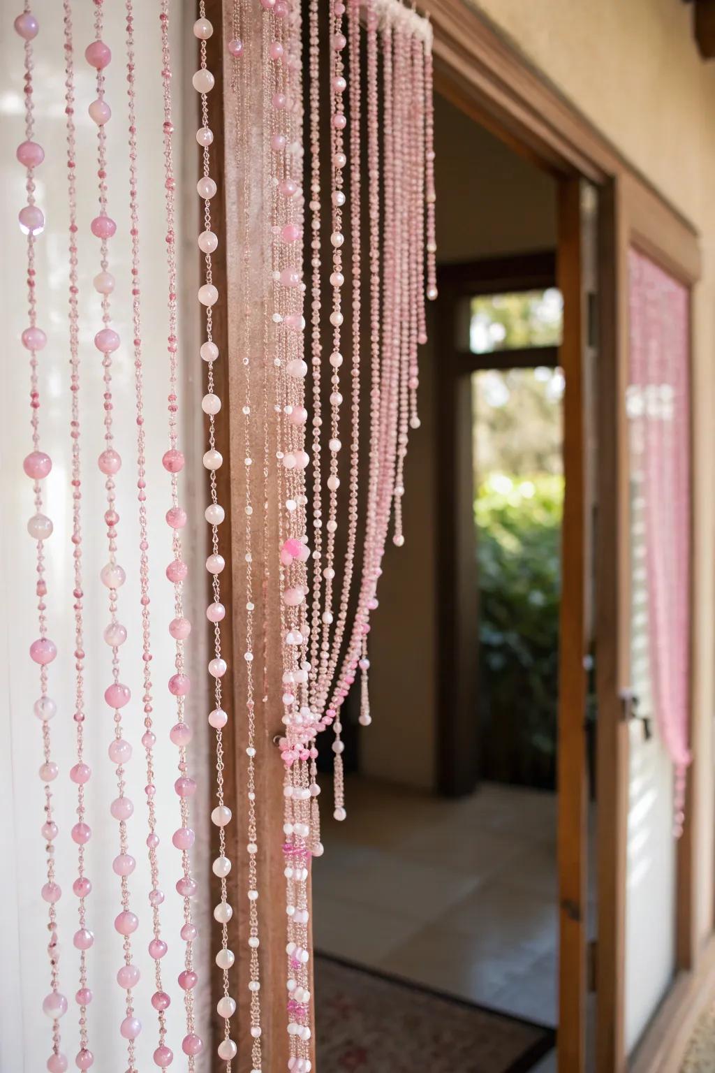 Enter a whimsical wonderland with this charming blush beaded room divider.