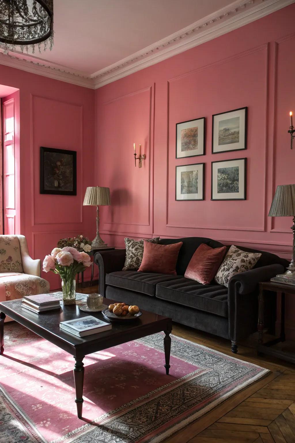 Somber furnishings contrast beautifully with rose perimeters.