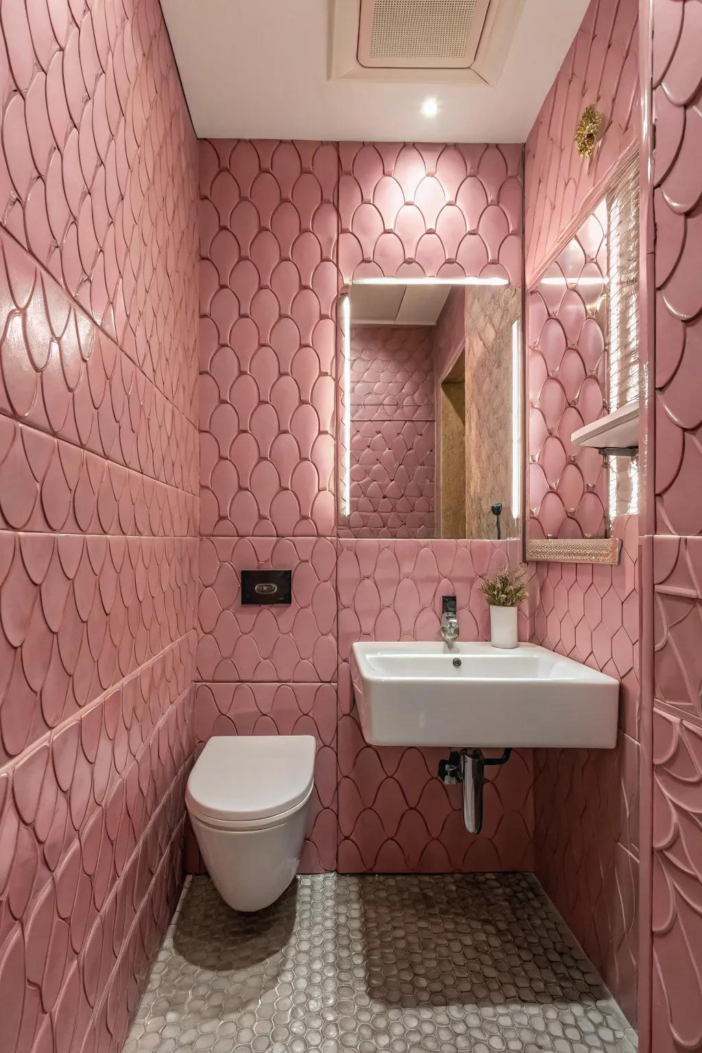 Textured rose tiles that add depth to the bathroom walls.