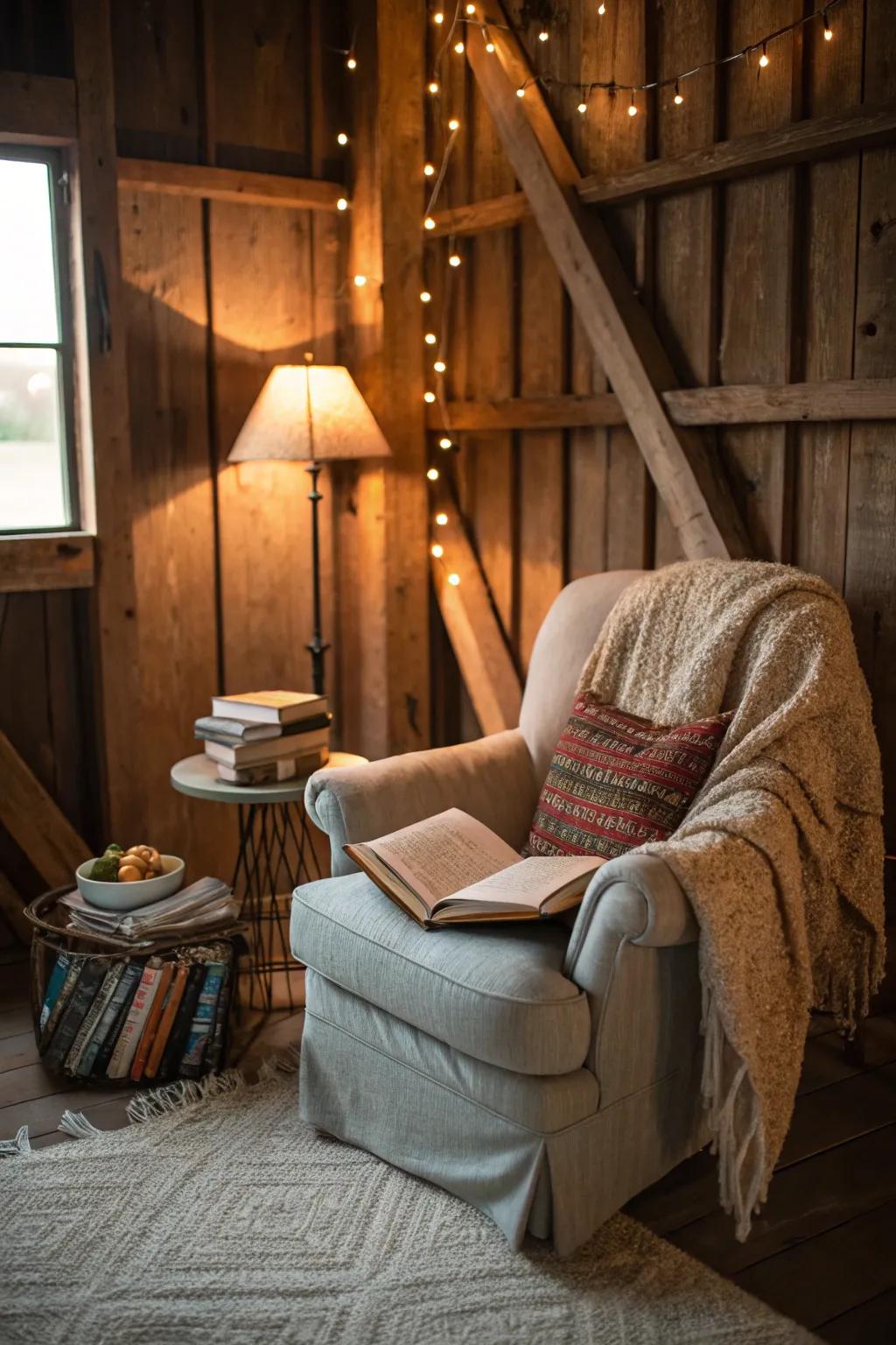 Soft lighting and a cozy chair define a comfortable reading space in a pole barn.