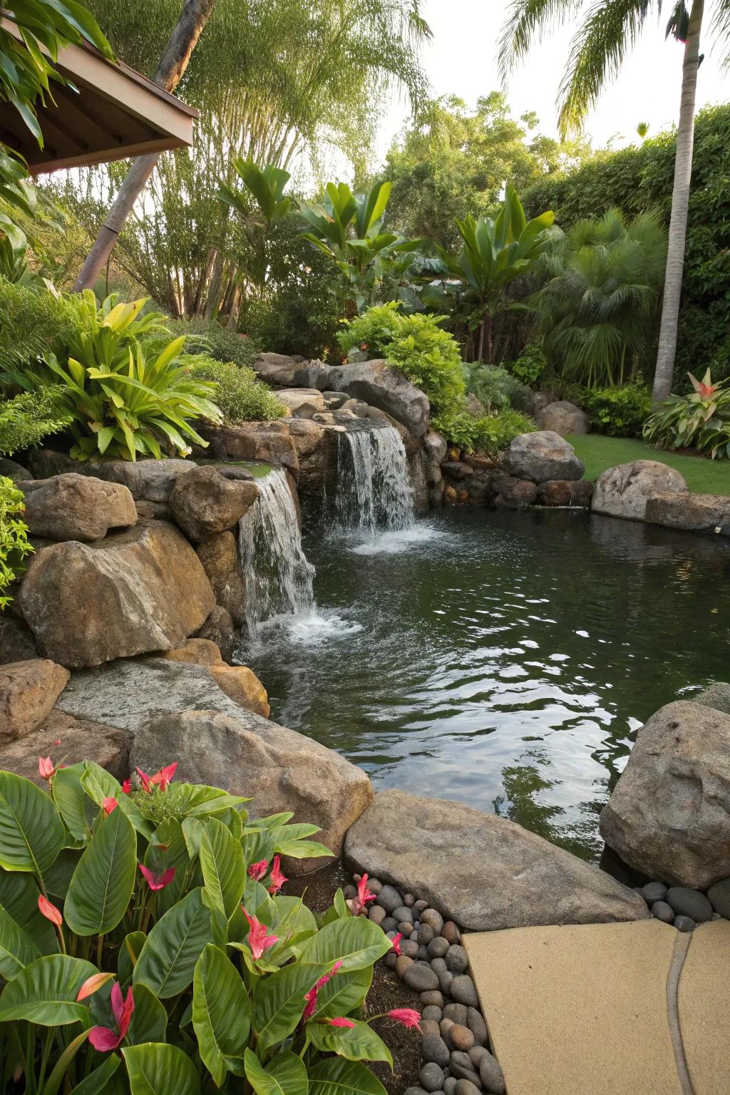 A backyard pond featuring a rushing waters effect for a tropical mood.