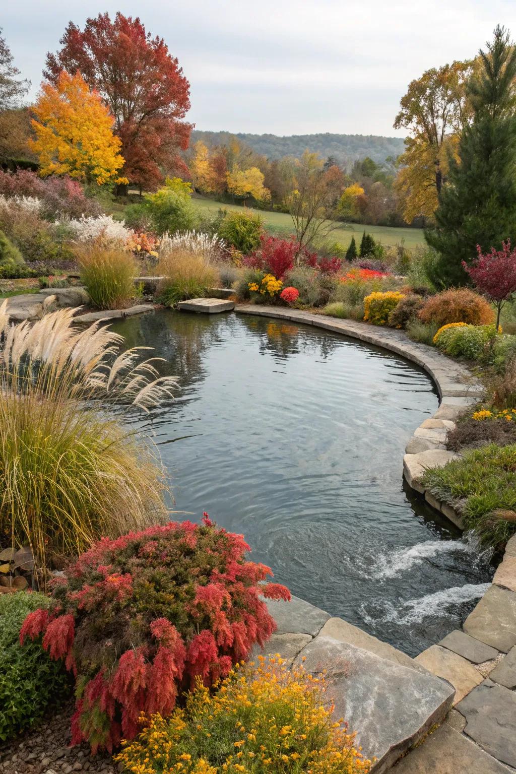 A pool pond that celebrates seasonal plantings.