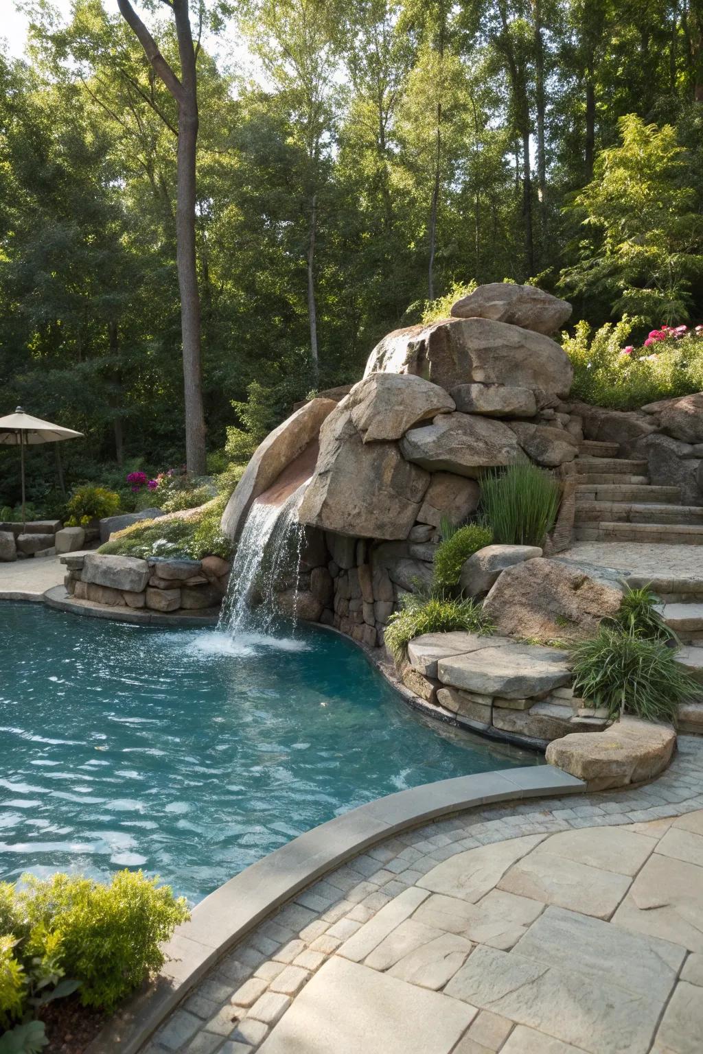 A rock slide appends excitement and adventure to your pool.