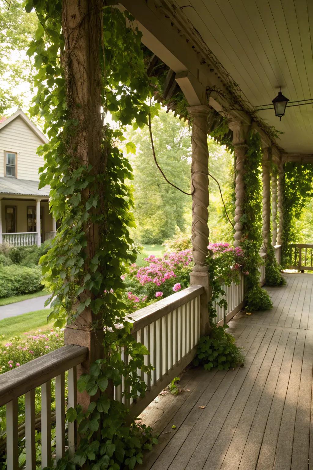 Climbing plants create a lush green embrace.