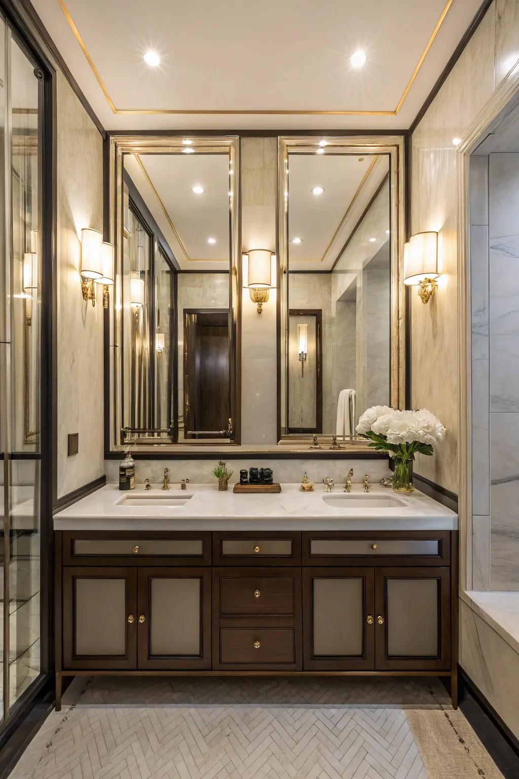 A powder room using mirrored panels to enhance area.