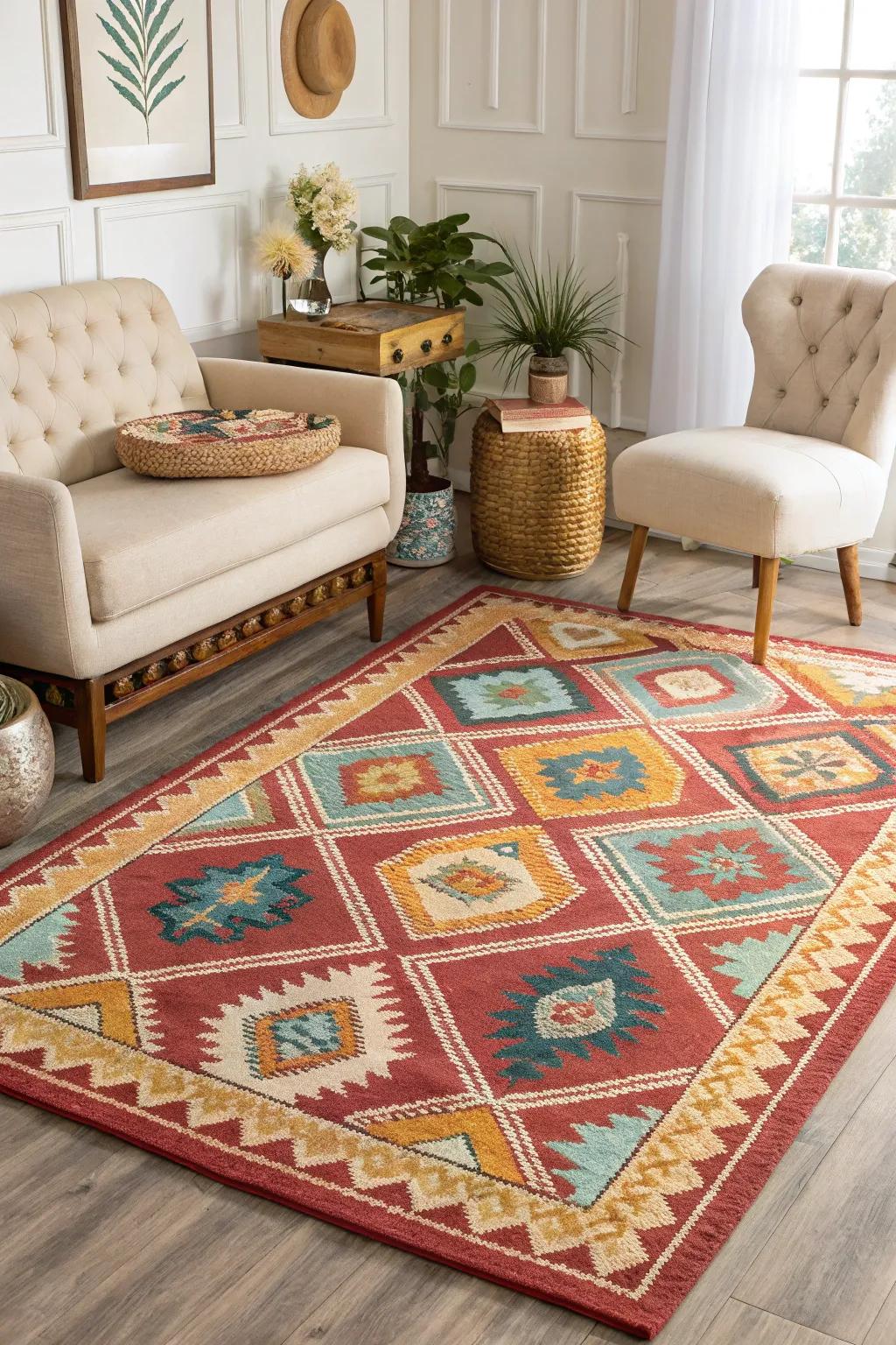 A defining rug harmonizes the room beautifully.