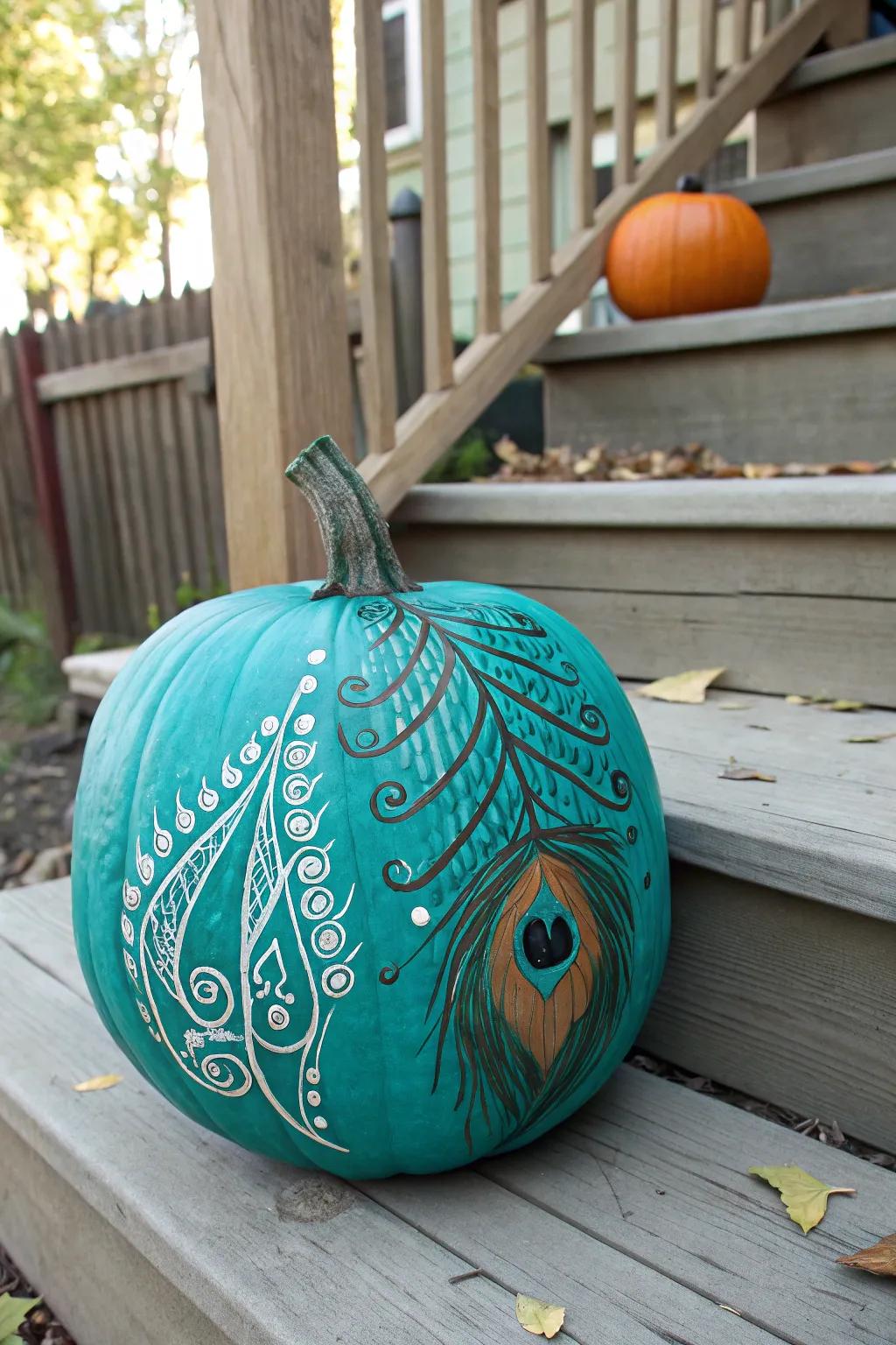 An aquamarine peacock pumpkin that integrates beauty with a meaningful purpose.