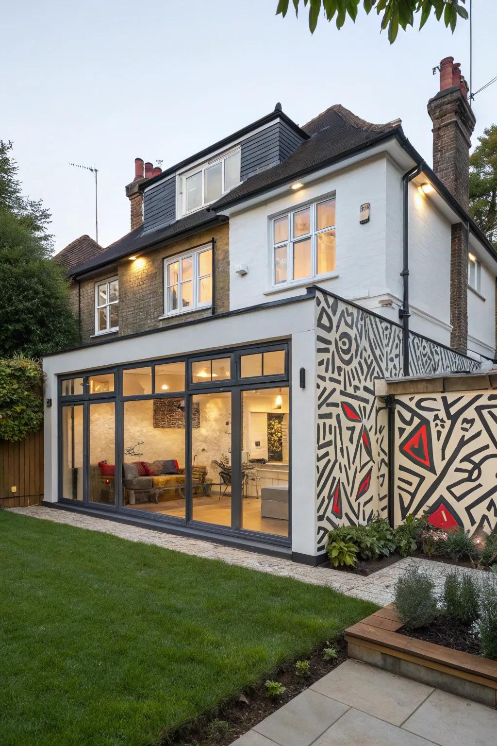 A rear extension featuring a bold artistic statement wall for added flair.