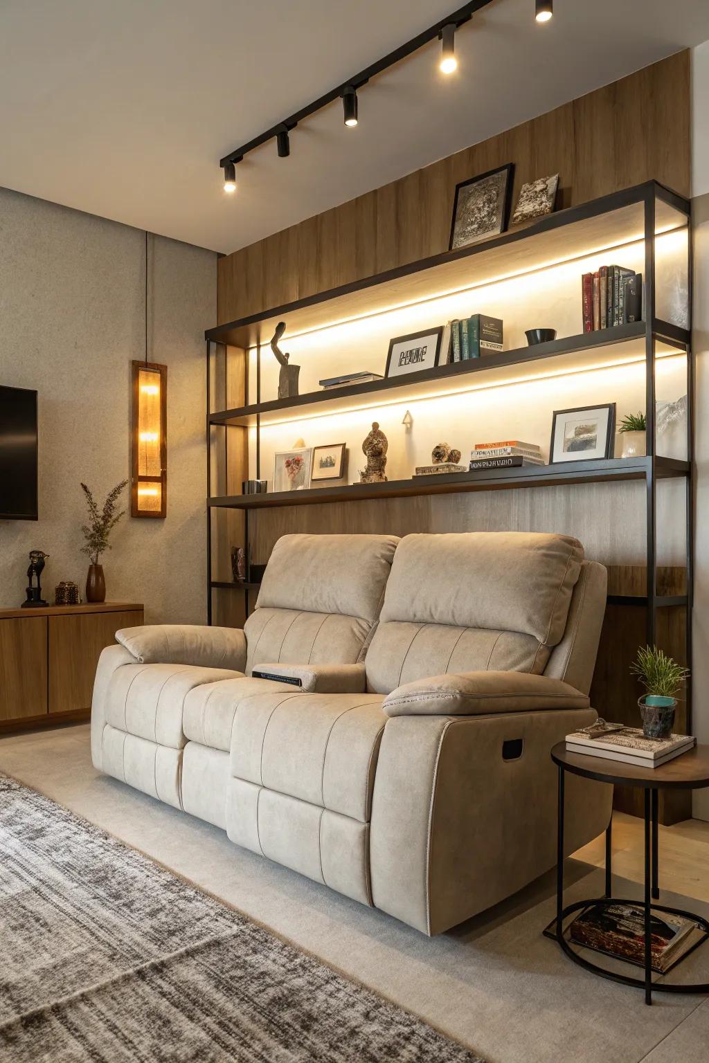 A functional dwelling space showcasing wall-affixed shelving units that complement the reclining sofa.