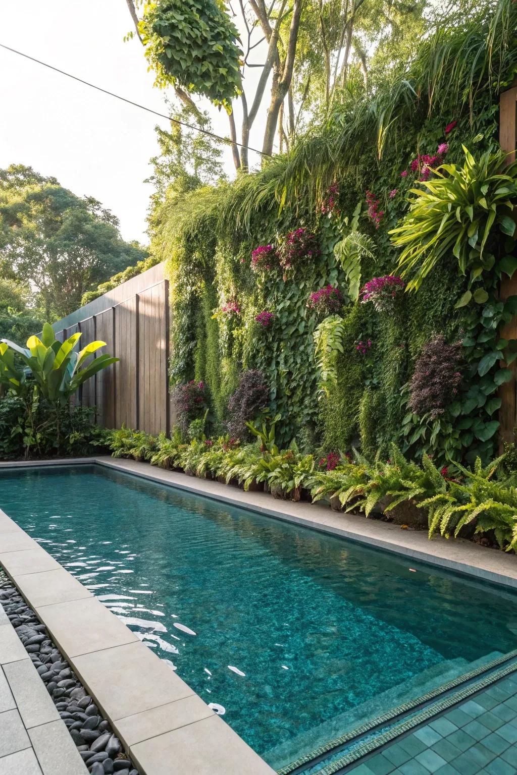 Perpendicular gardens furnish lush verdure in confined expanse.