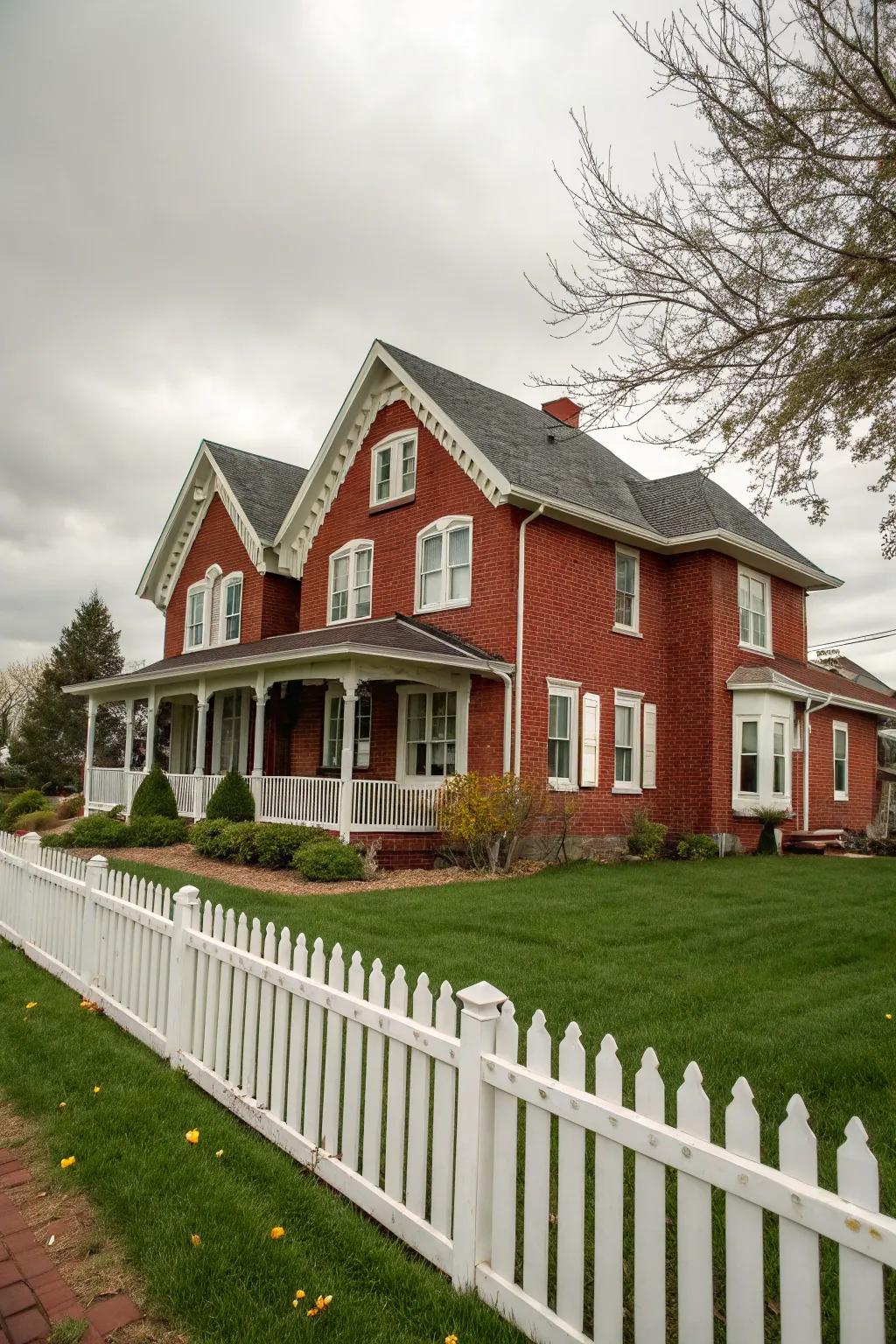Ivory trim provides a soft and neutral contrast to the warmth of red brick.