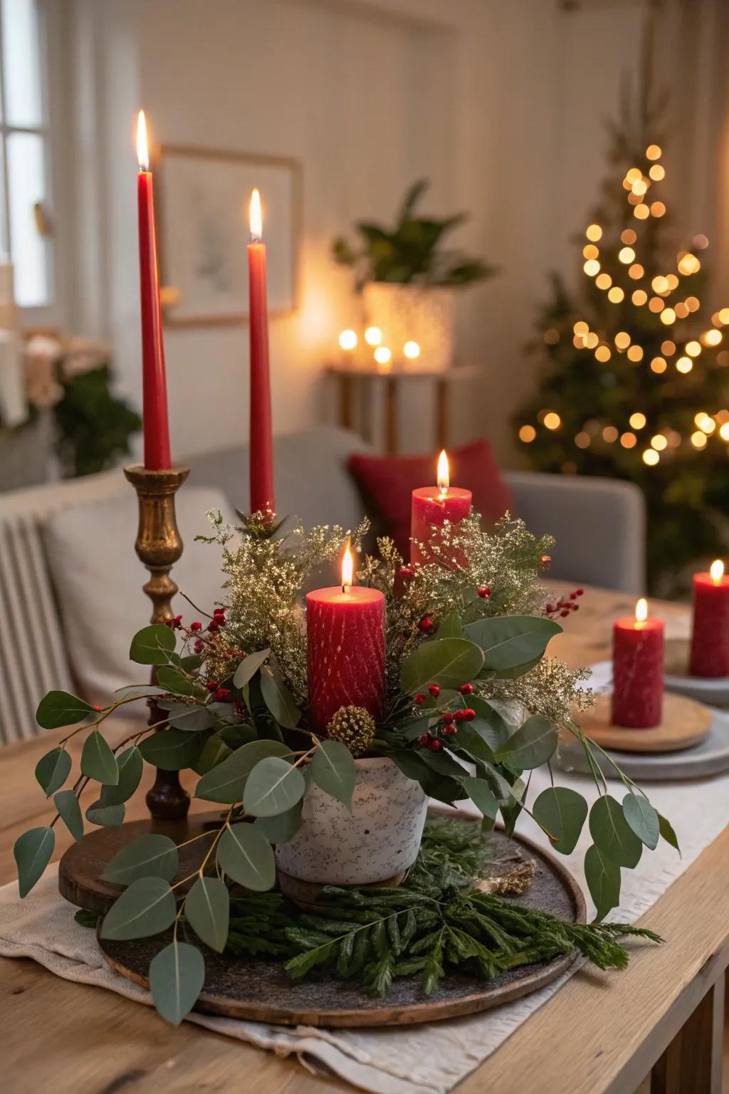 A warm and inviting red candle centerpiece.