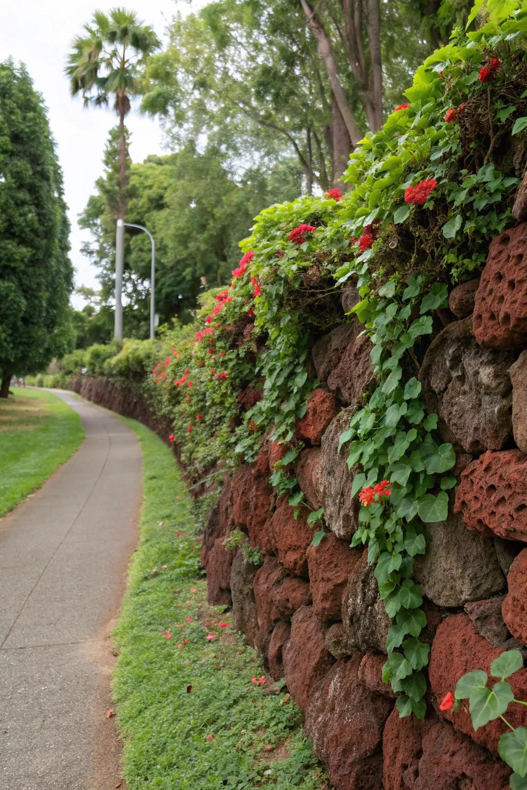 A DIY stone structure with scarlet volcanic stones adds character and depth to the garden.
