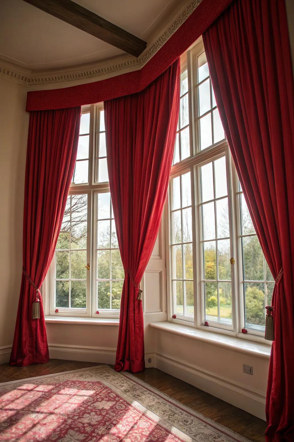 Red window coverings add a hint of elegance and drama to this space.