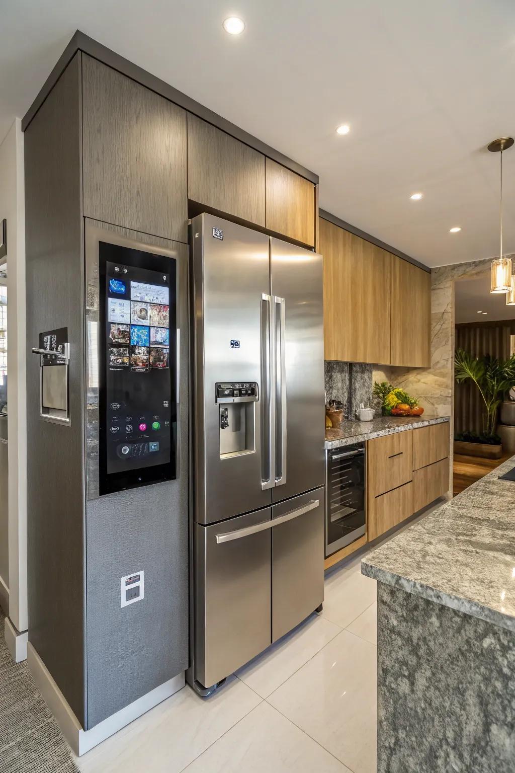 High-tech attributes encircling the refrigerator conceive a futuristic, functional kitchen.