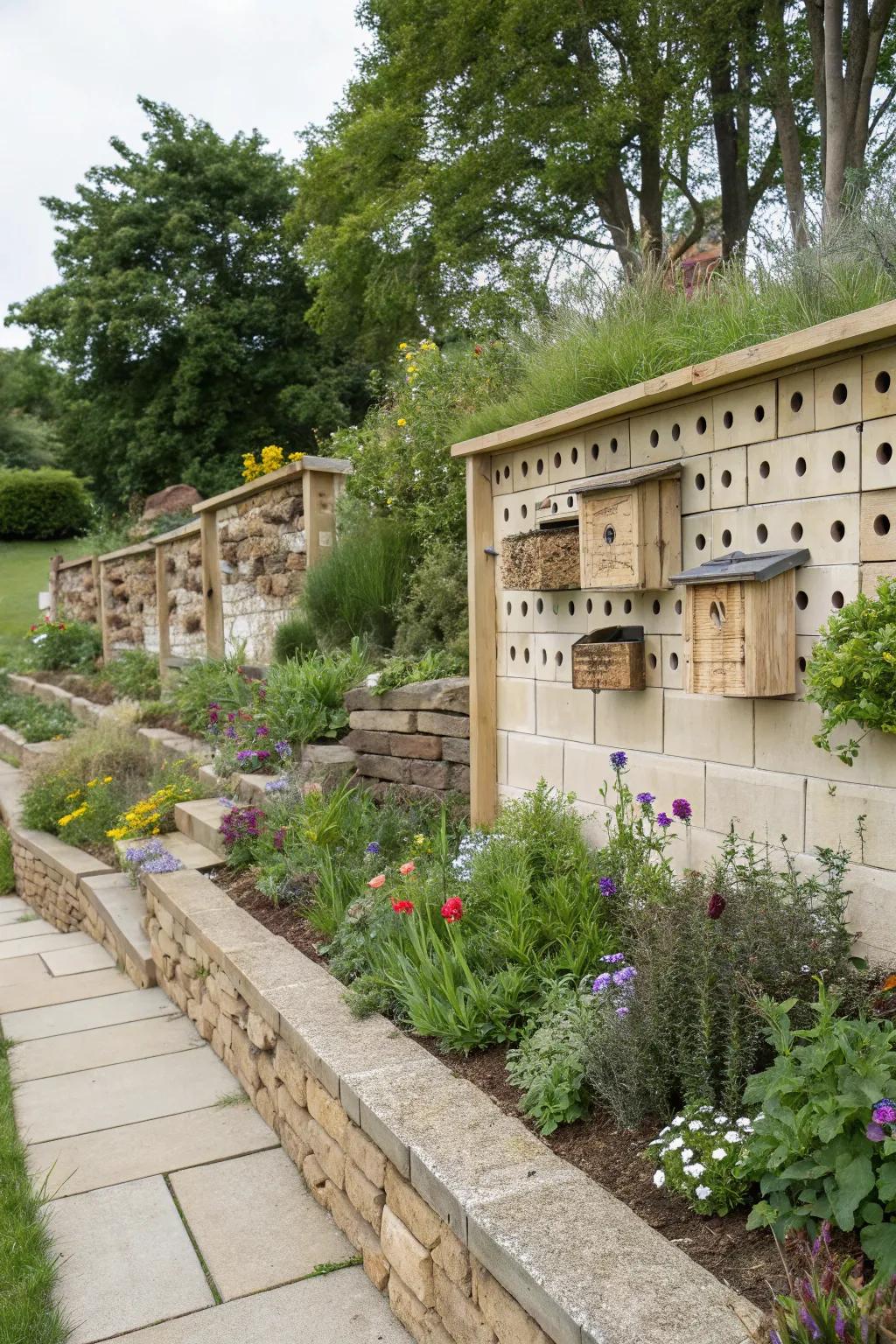 A border wall smartly integrated with habitats, promoting garden biodiversity.