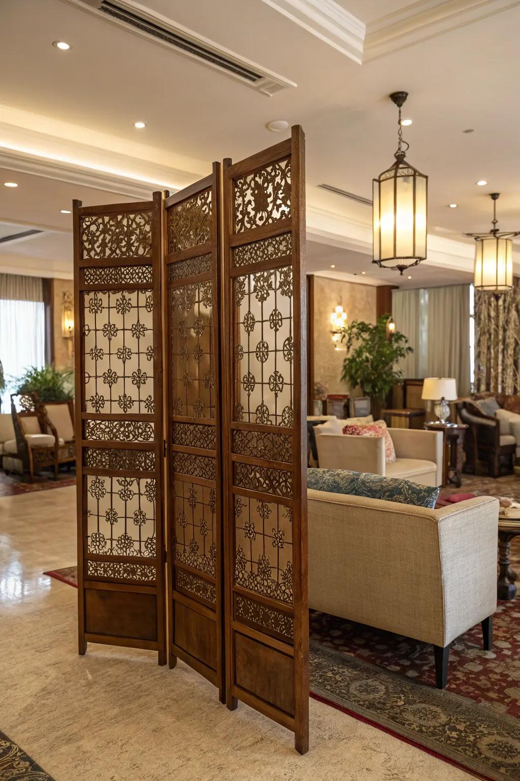 Artistic room partitions contribute flair and function.