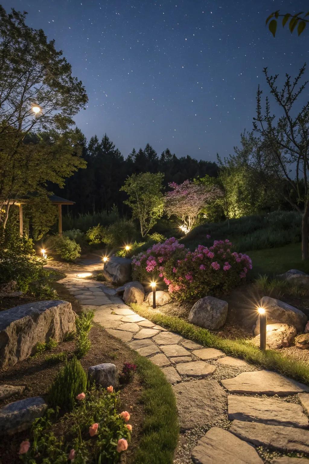 Illumination enhances the nighttime enchantment of stone gardens.