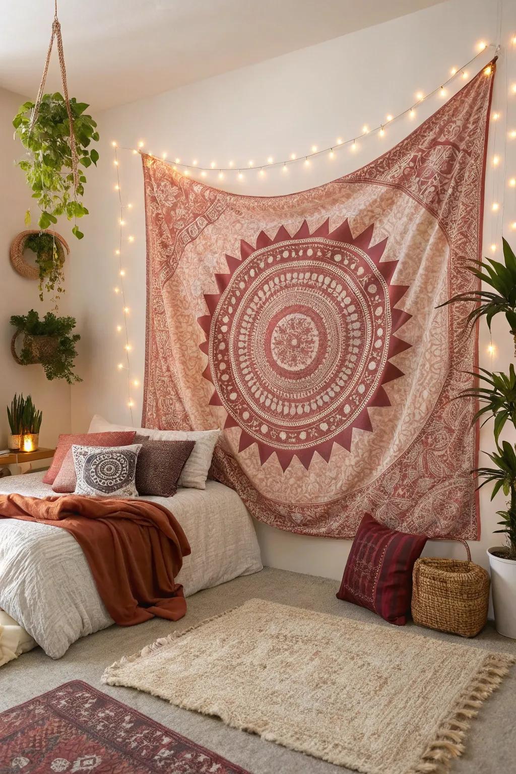 A luster and burgundy partition tapestry boosts depth and creative allure.