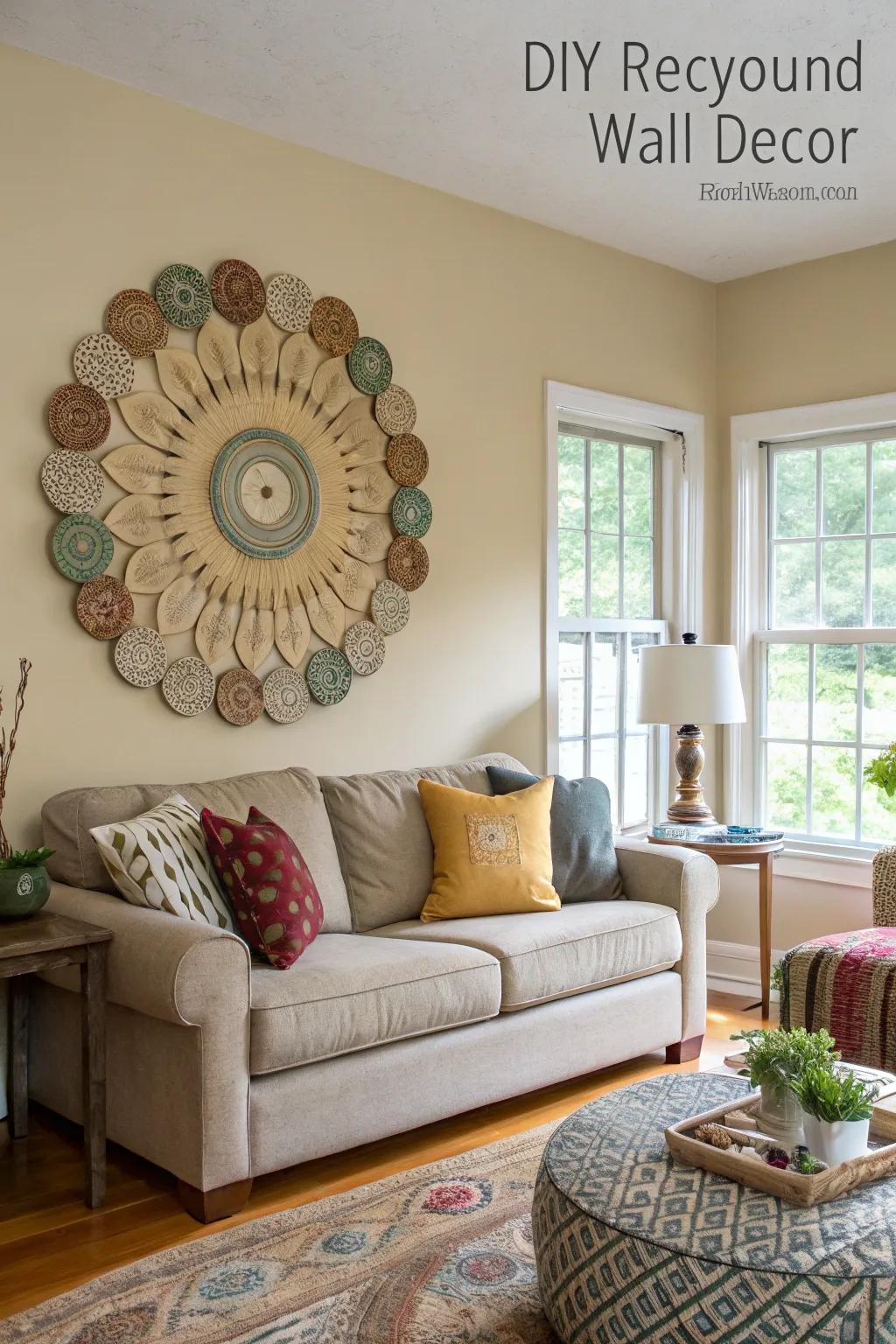 Living space presenting a DIY round wall decor created from recycled items.