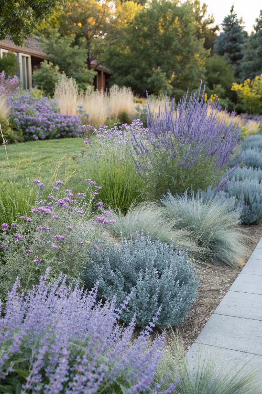 A calming garden sanctuary featuring azure blooms and blue sedge.