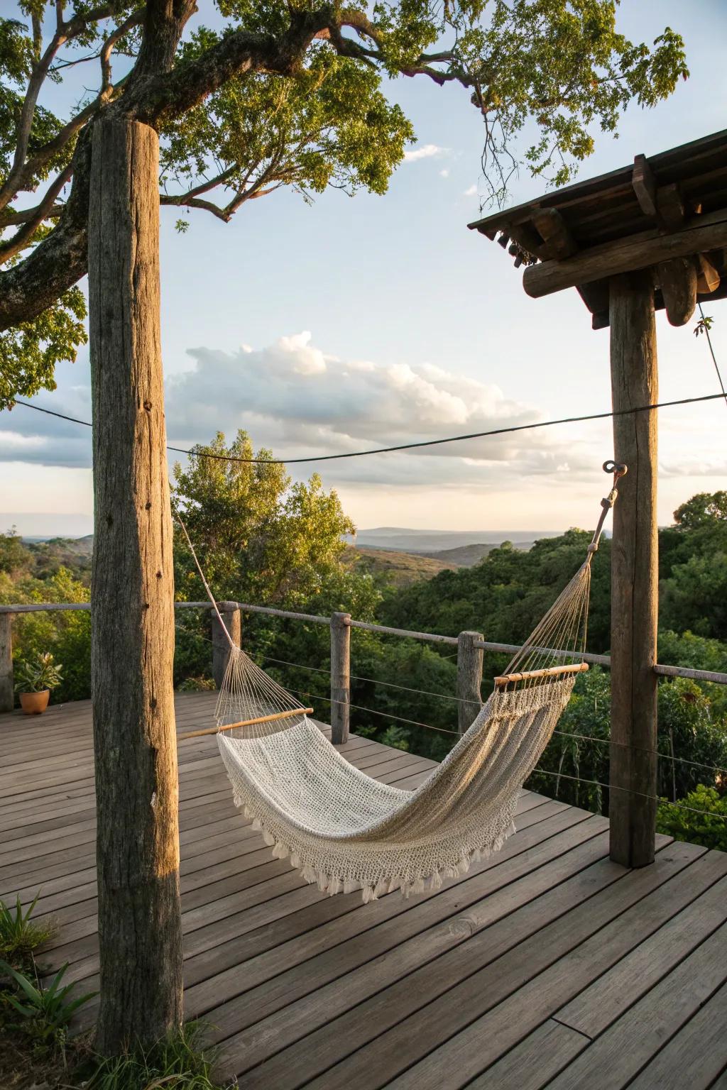 A hammock offers a perfect relaxation spot on this countryside deck.