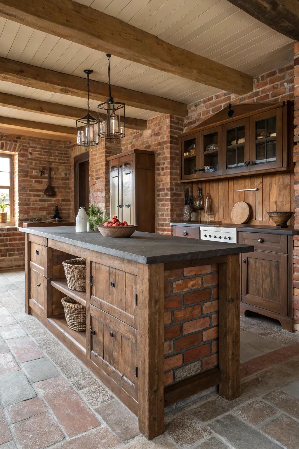 A countryside kitchen island enriched with rustic brick accents for added charm.