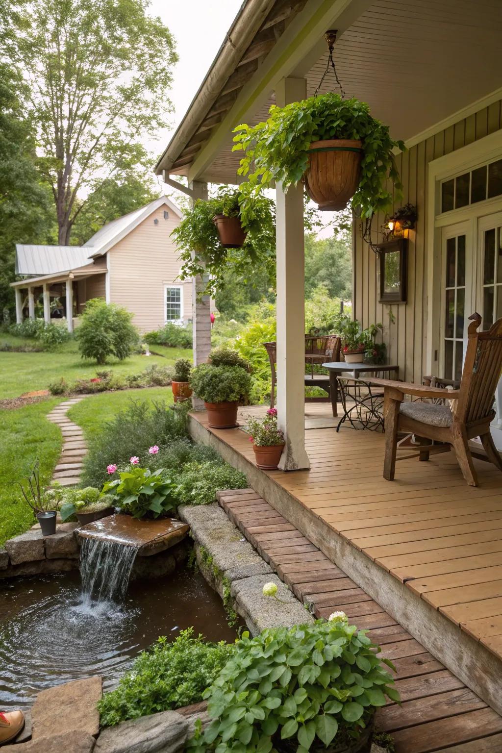 A sound element creates a tranquil space on this porch.