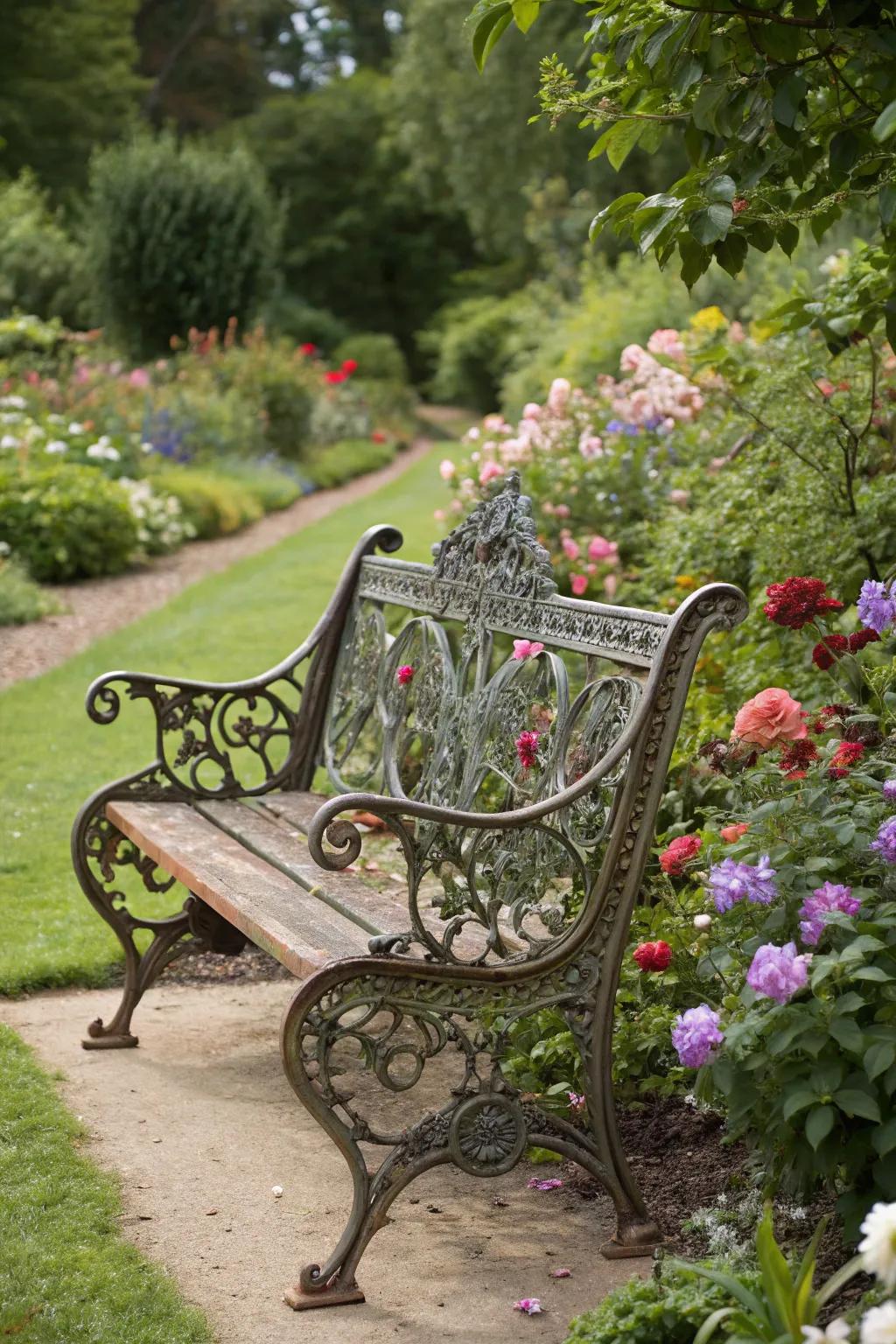 A vintage ironwork seat adding elegance to garden blooms.