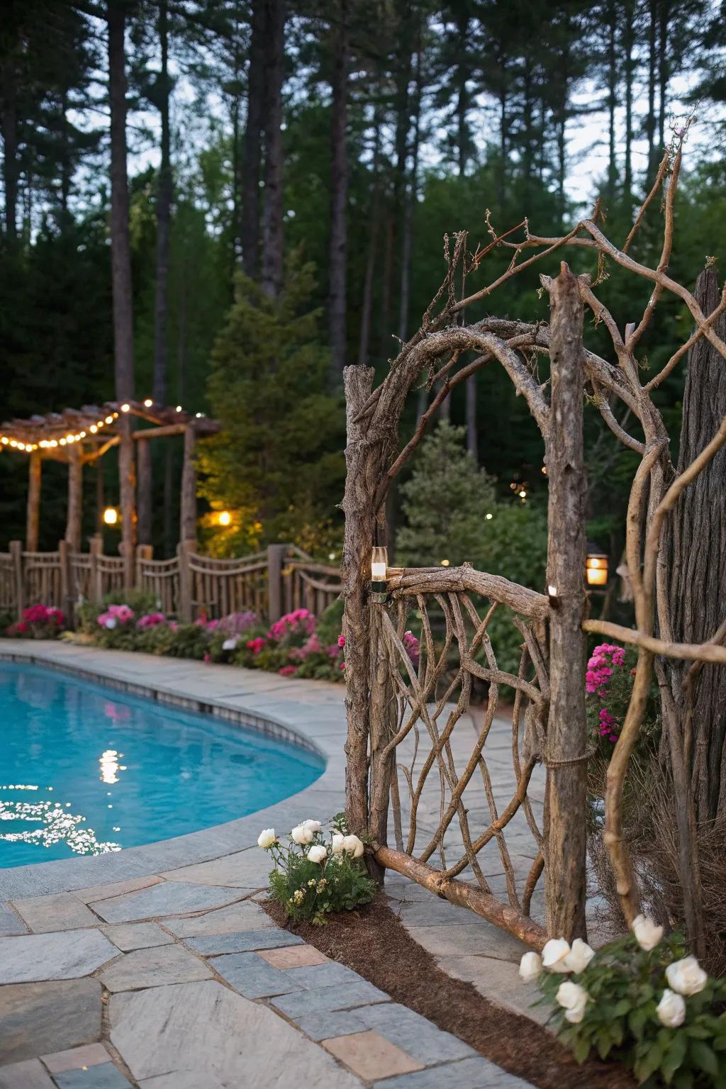 A whimsical limb and branch fence enhancing the pool's organic beauty.