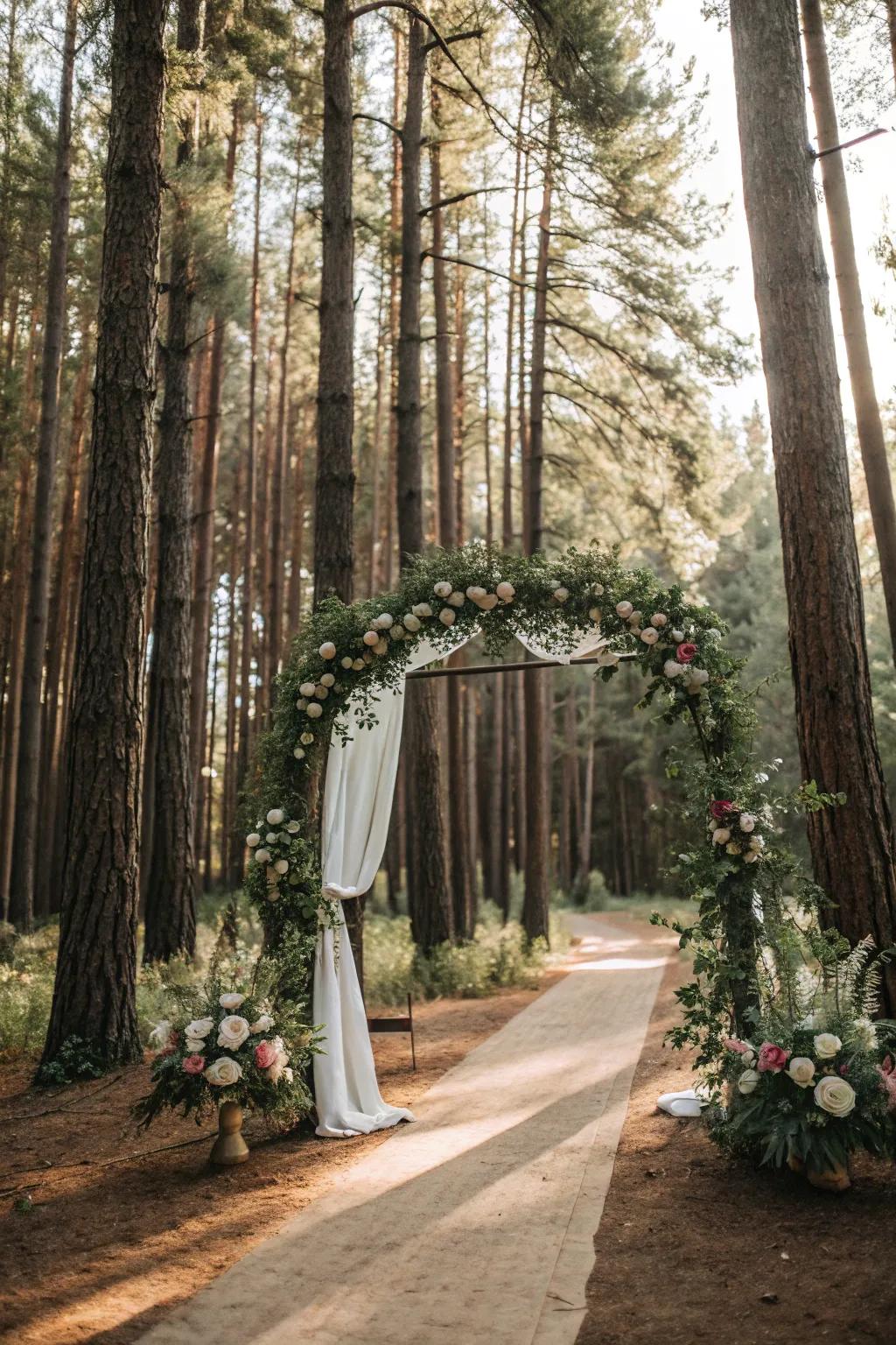 An arch framed by nature, which blends seamlessly into the forest landscape.
