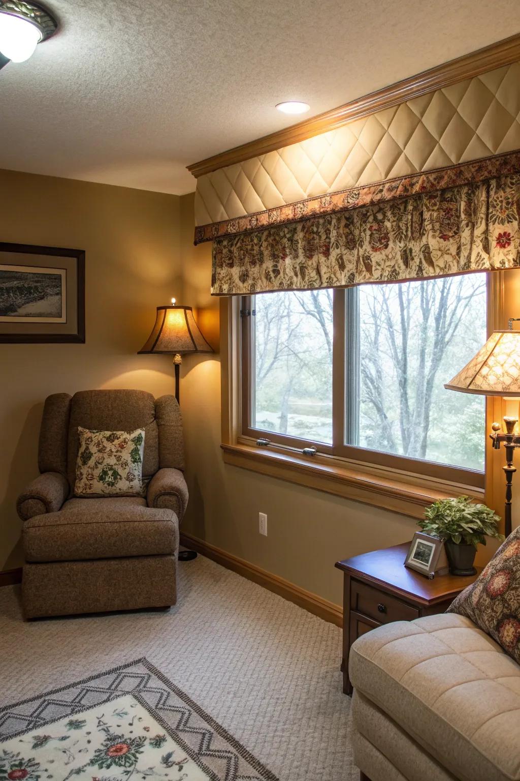 A snug den featuring a stitched valance that contributes cordiality and comfort.