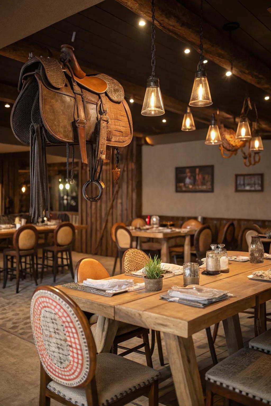 Equestrian-inspired illumination fixtures cast a warm glow in this countryside dining space.